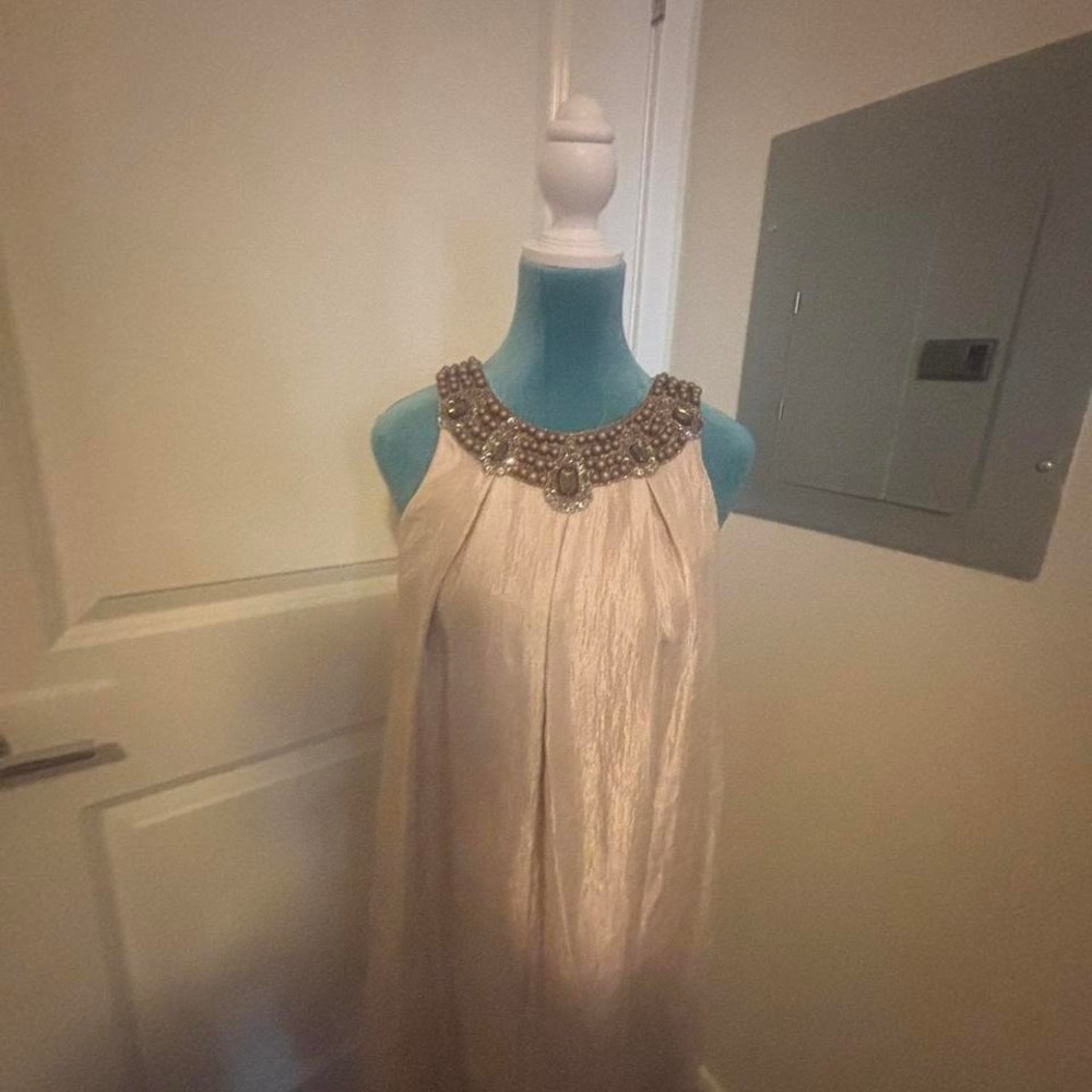 Elegant tan‎ dress beige, satin, evening, embellished neckline dress - Picture 5 of 7